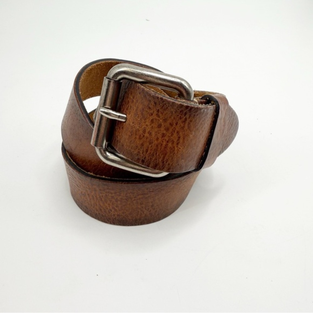 Genuine Leather Burnished Brown Belt with Rectangular Silver Buckle, Size 32